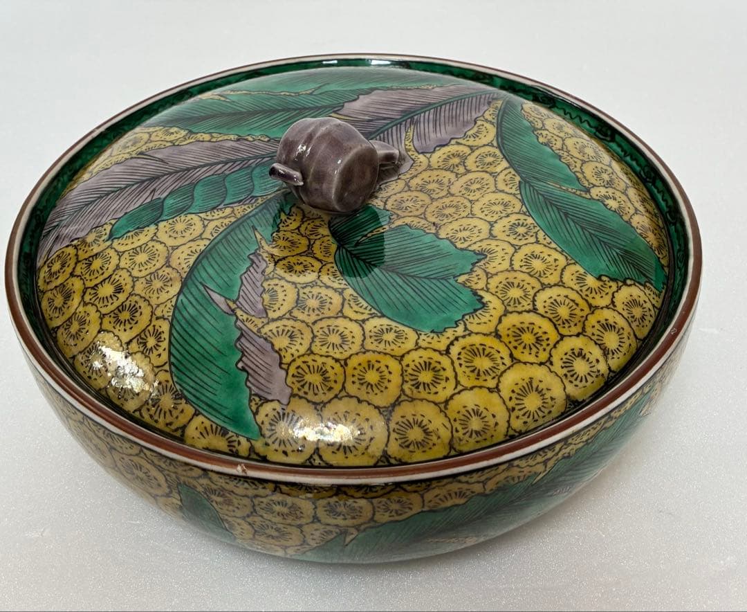 江戸時代幕末 明治以降 再興九谷 吉田屋窯 青手九谷 色絵芭蕉文 蓋付鉢