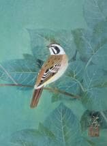 【真作】絵画　野々内宏　日本画SM　頬白　花鳥画の繊細な美　共シール　W72