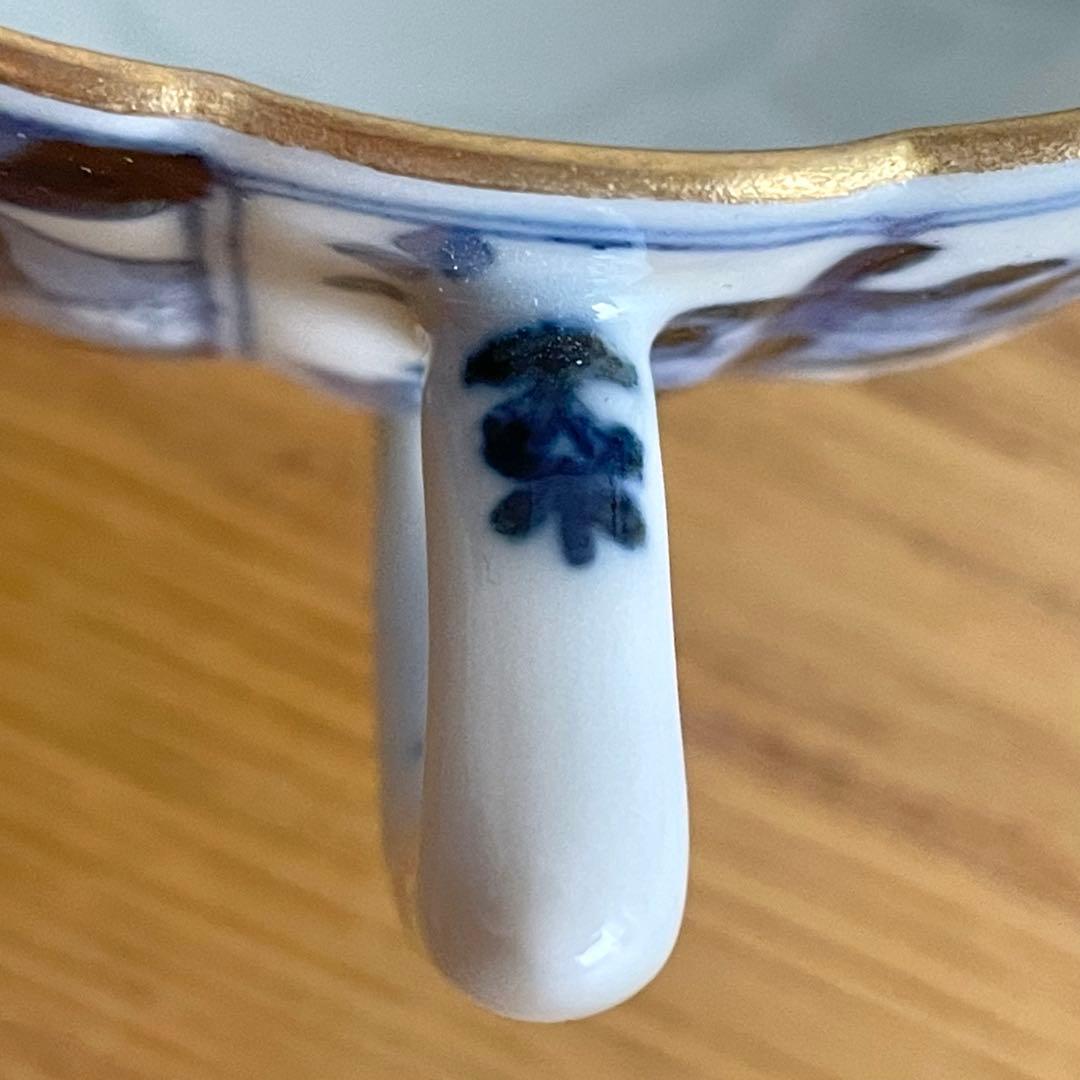 山本長左 藍九谷 菊型珈琲碗皿 樹花文 カップ＆ソーサー 染付 宮内庁御用達