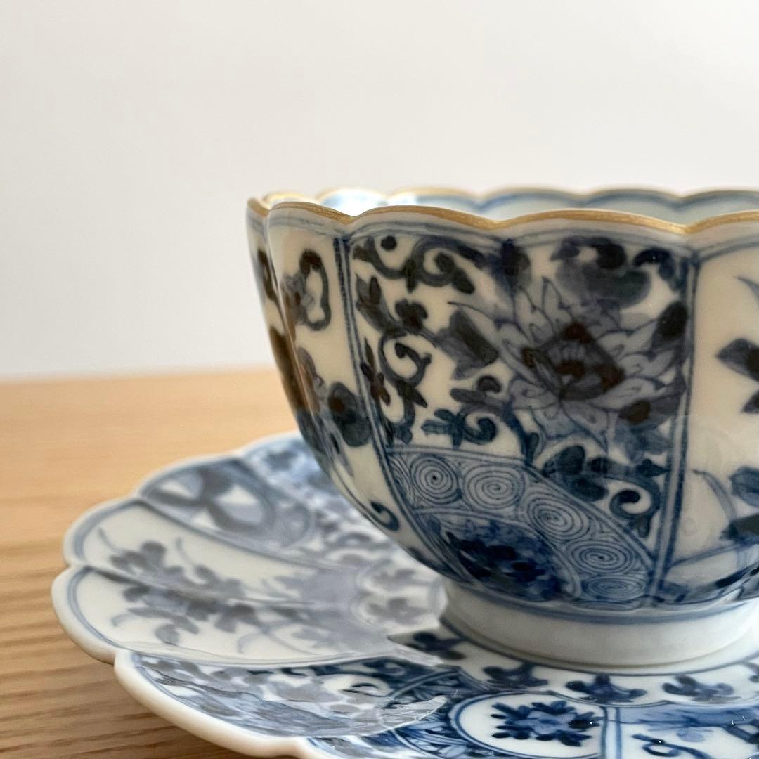 山本長左 藍九谷 菊型珈琲碗皿 樹花文 カップ＆ソーサー 染付 宮内庁御用達