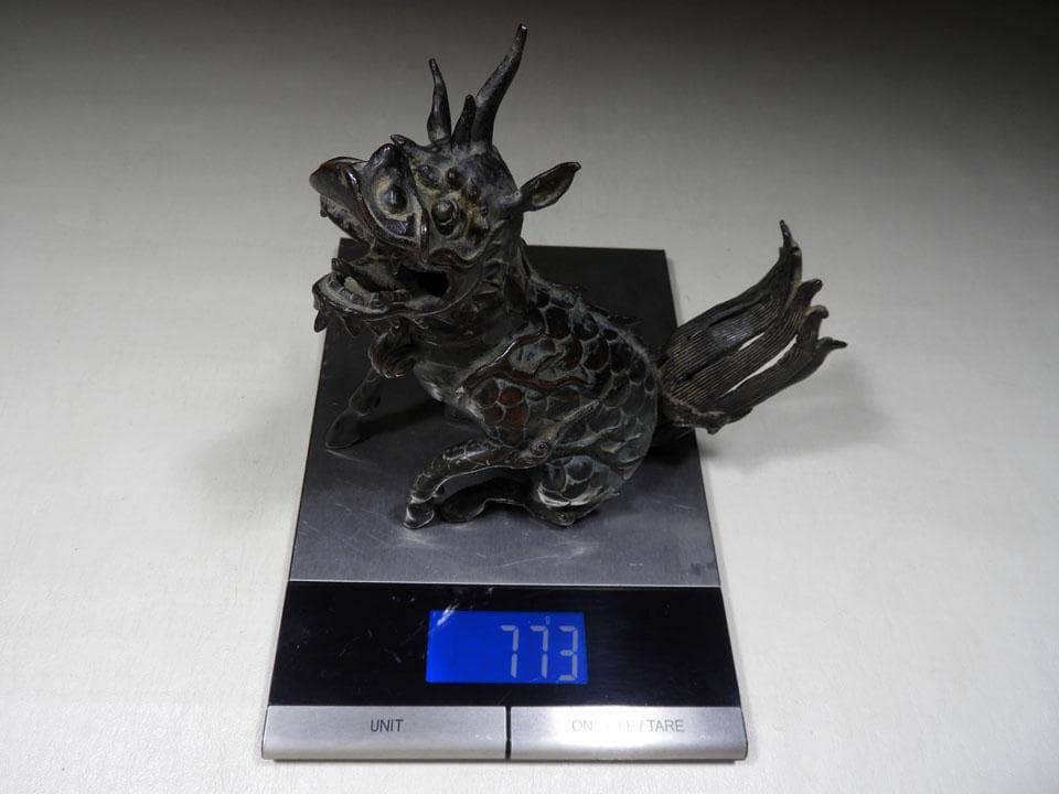 ●貴重 時代物 麒麟銅香炉 神獣 瑞獣 古銅 斑紫銅色 唐金 高さ16.5cm