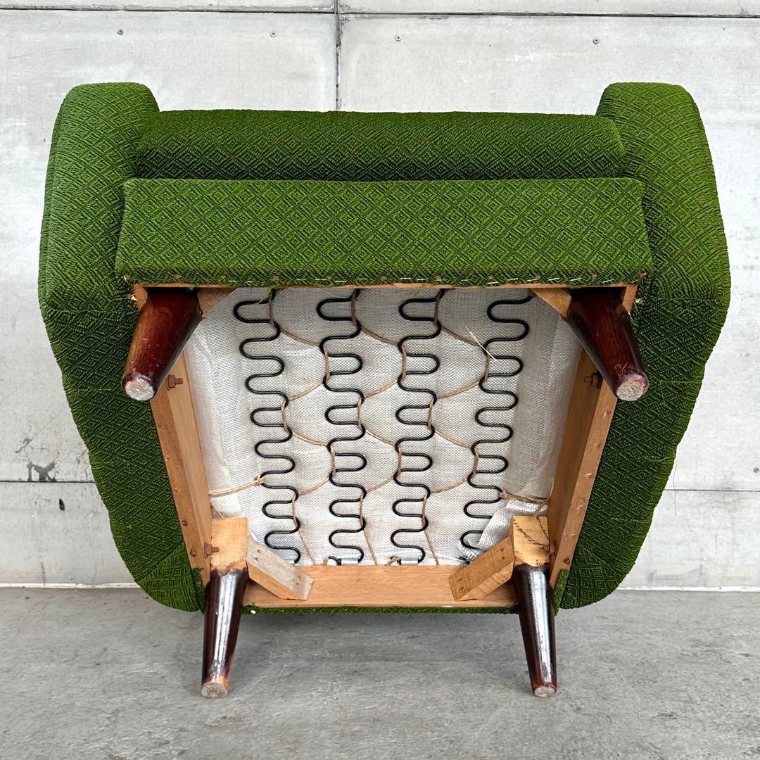 ✦70S✦ 昭和モダン 深緑ファブリック 木肘一人掛けチェア レトロ インテリア