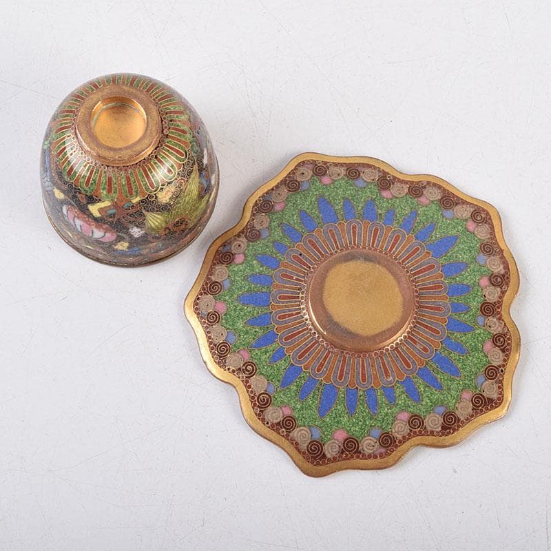 中国　古七宝琺瑯彩　神獣文　煎茶碗　茶托　D　R9211