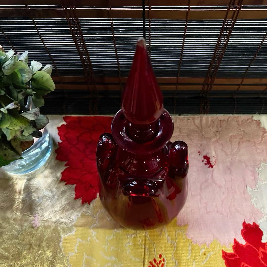 骨董　時代ガラス　銅赤被せガラス　古作　水差し　デカンタ カラフェ