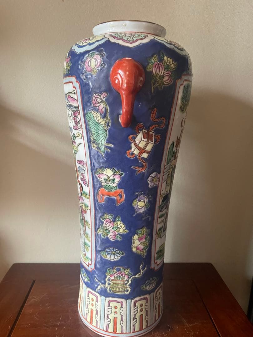 中国武神の図が描かれた双耳付きの人物花瓶 大清同治年製古董品 美術品